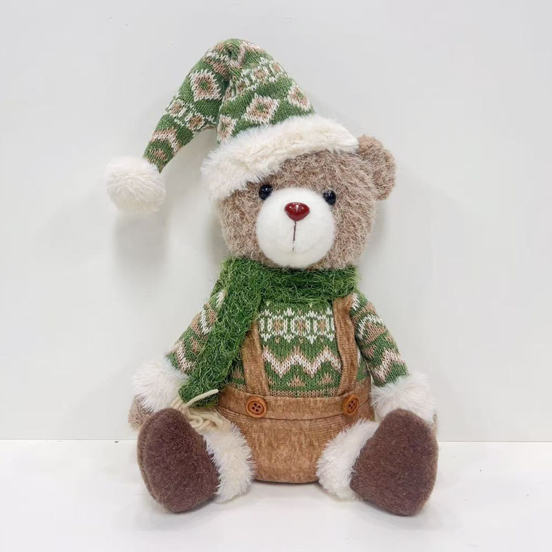 Sitting Fabric Christmas Teddy Bear Figurine, Green Fair‑Isle Collection Outfit, Nordic Farmhouse Tabletop Holiday Decor