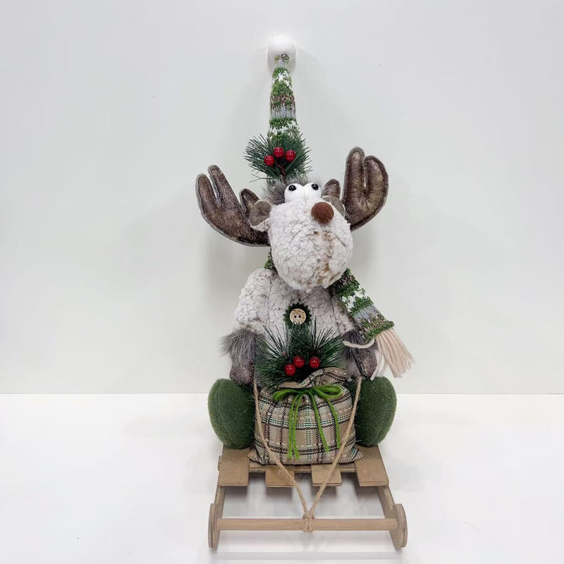 Fabric Reindeer Sitting on Sled Figurine | Holly Berry & Fair Isle Style Accents | Winter Bookshelf Decor