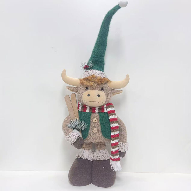 Fabric Christmas Highland Cow Figurine with Green Pointed Elf Hat, Holding Mini Wooden Ski Board, Nordic Farmhouse Floor & Tabletop Holiday Decor