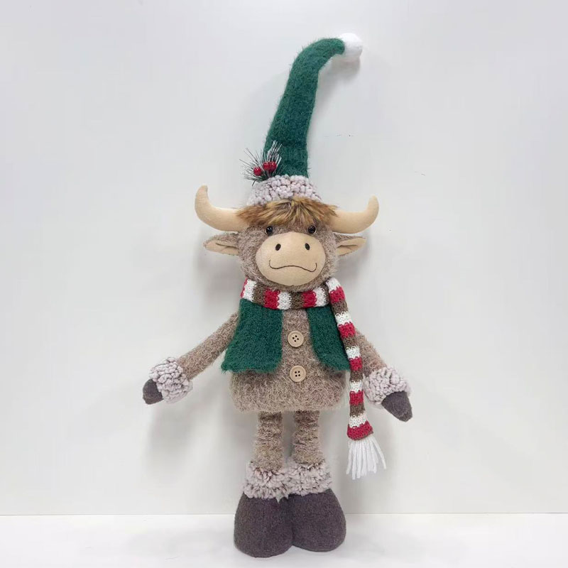 Green Pointed Hat Highland Cow Plush Figurine, Red & Green Striped Scarf Standing Christmas Atmosphere Decor
