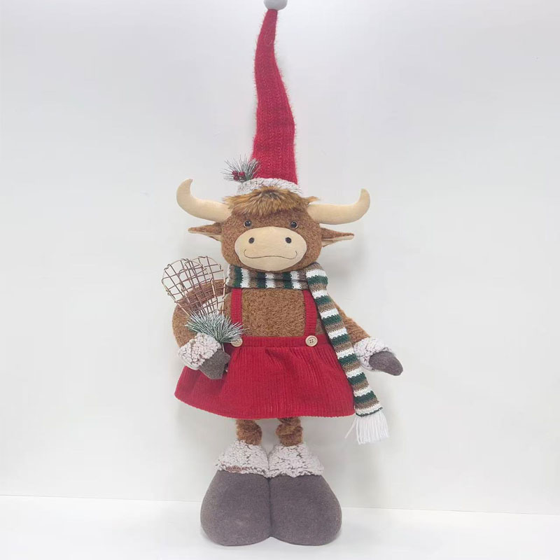 Highland Cow Fabric Figurine Holding Iron Wire Snowflake Basket | Red Suspender Dress & Striped Scarf | Winter Tabletop Decor