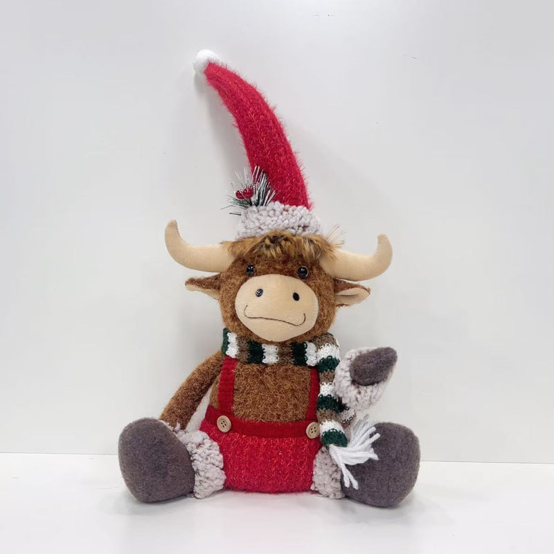 Sitting Fabric Christmas Highland Cow Figurine, Red Overalls with Black‑White Striped Tassel Scarf, Nordic Farmhouse Tabletop Holiday Decor