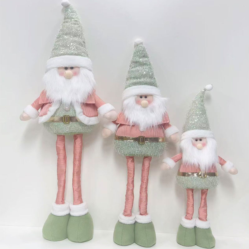 Pink & Green Playful Long-Leg Santa Claus Fabric Figurine Set of 3, Standing Christmas Decor