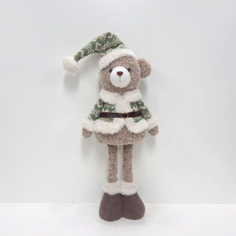 Long-Legged Fair Isle Style Christmas Teddy Bear Figurine | Fur-Trimmed Jacket with Leather Belt & Gold Buckle | Cozy Holiday Gift