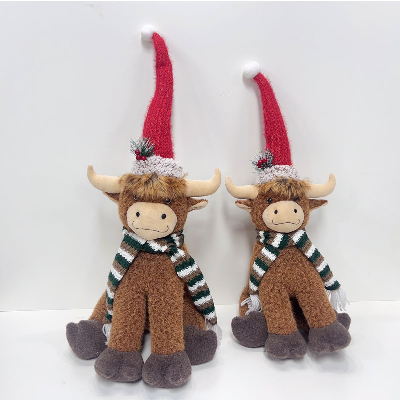 Plush Highland Cow Christmas Figurine, Red Knit Santa Hat with Holly Berry Accent, Rustic Farmhouse Mantel Winter Small Decor