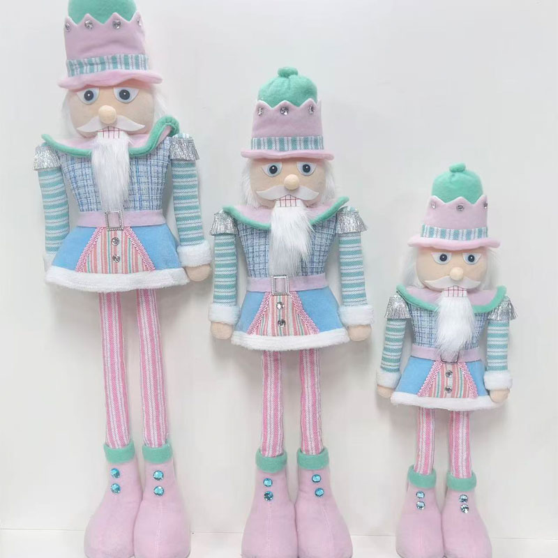 Fabric Nutcracker Soldier Figurine Set, Pastel Blue Outfit with Pink‑Green Styled Stripe Accents, Vintage Christmas Indoor & Tabletop Decor