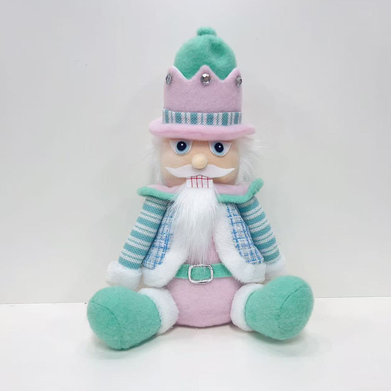 Sitting Fabric Nutcracker Soldier Figurine, Pastel Green Top with Pink Pants, Rhinestone‑Decorated Tall Top Hat, Macaron‑Tone Playful Christmas Decor