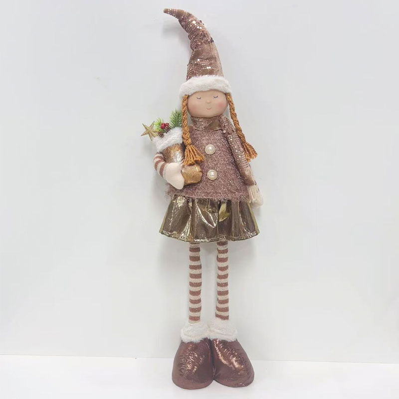 Brown & Gold Long-Leg Christmas Girl Plush Figurine, Holding Stocking Standing Holiday Decor