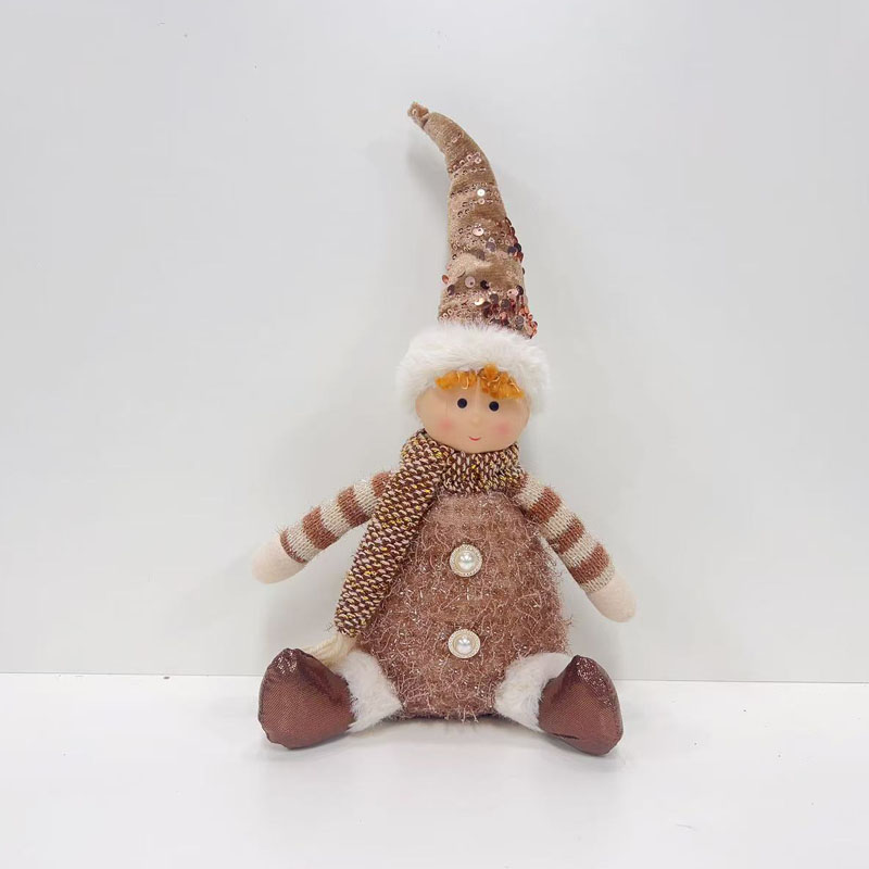 Brown & Gold Sequin Pointed Hat Boy Plush Figurine, Sitting Pearl Button Christmas Decor