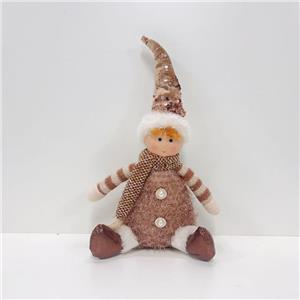 Brown & Gold Sequin Pointed Hat Boy Plush Figurine, Sitting Pearl Button Christmas Decor