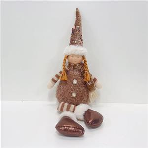 Rose Gold Fabric Girl Christmas Stuffed Figurine, Braided Pigtails & Pearl Button Accents, Retro Shimmer Neutral Tone Christmas Fireplace Mantel Decor