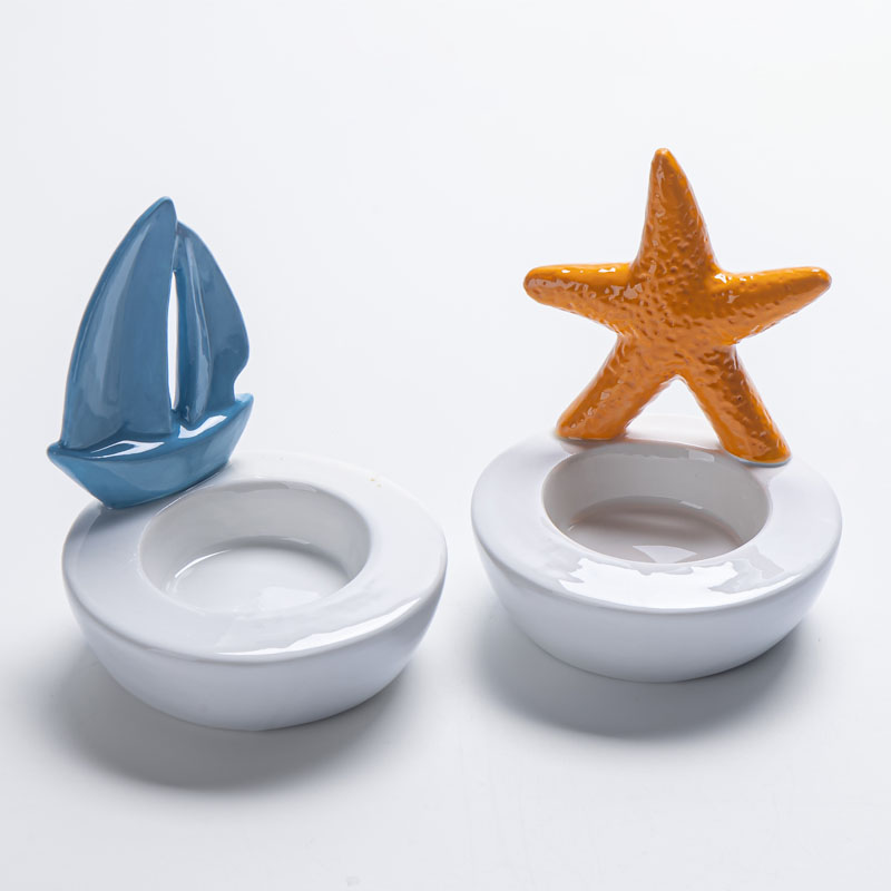 Nautical‑Style Ceramic Tealight Candle Holder Set, Sailboat & Starfish Accents, Coastal Ocean Tabletop Home Decor