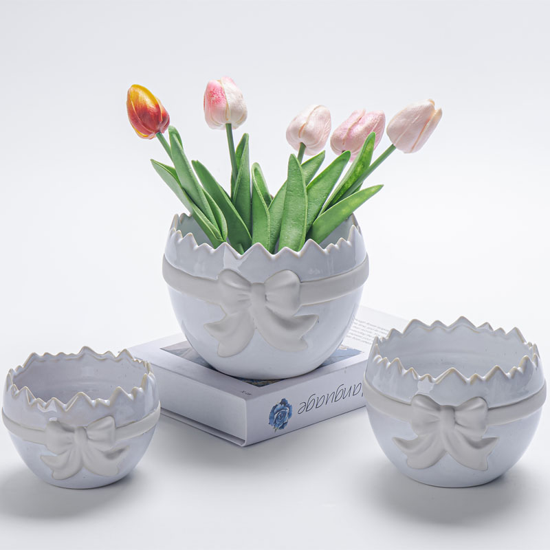 Cream White Bow Relief Eggshell Ceramic Planter, Easter Decor Vase