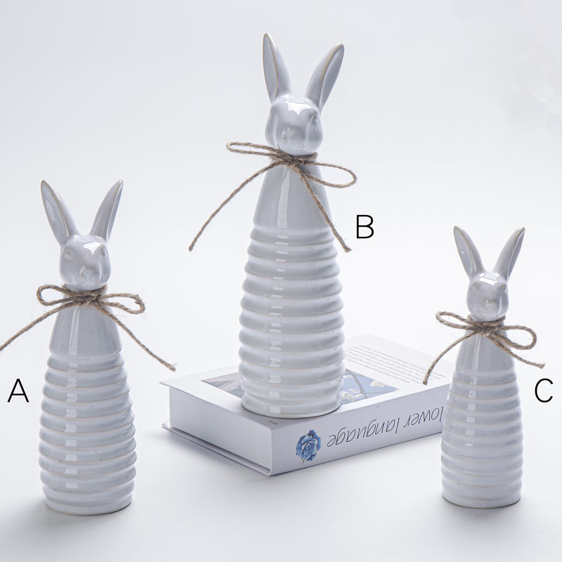 Glossy‑Finish White Ceramic Easter Rabbit Figurine, Jute Rope Bow Decoration, Gentle‑Style Spring Tabletop Ornament
