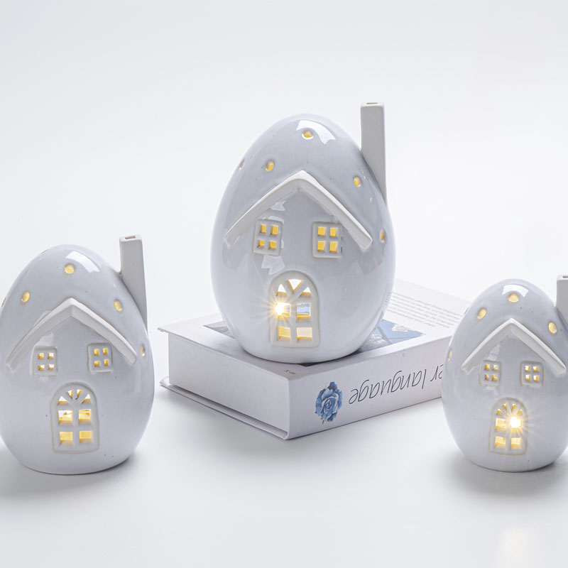 White Ceramic Egg House Cutout Night Light | Cutout Door & Window with Chimney Design | Tabletop Ambient Lamp | Cozy Holiday Gift