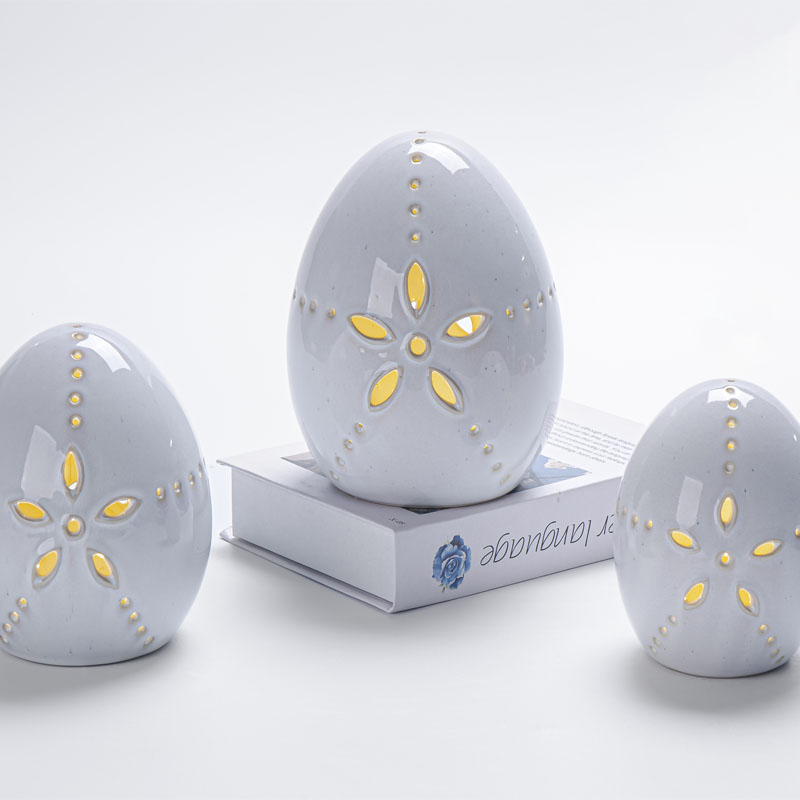 Floral Cut‑Out Egg‑Shape LED Ceramic Night Light, Atmospheric Tabletop Home Figurine