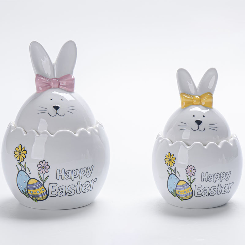 Easter‑Series Printed Ceramic Lidded Storage Jar, Cracked Eggshell Base with Bunny‑Head Lid, Playful‑Style Tabletop Decor