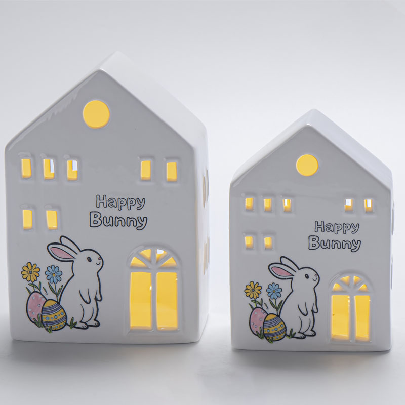 Easter Printed LED Light Ceramic House with Hollow Windows – Ambient Home Decor Night Light