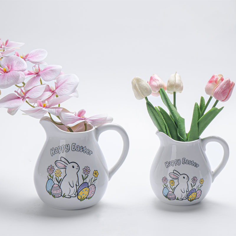 Glossy White Ceramic Pitcher Vase, Easter Bunny & Egg Print, Gentle‑Style Home Decor