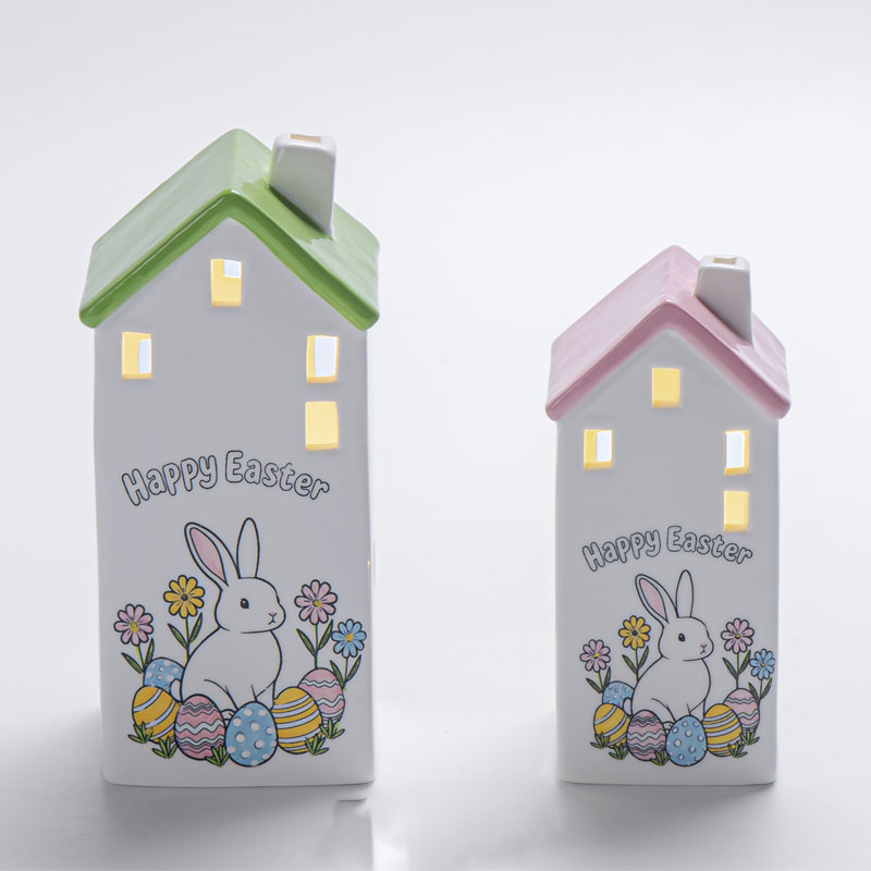 Ceramic Easter House with Green & Pink Roofs – Bunny Egg Print Hollow Window LED Night Light Decor