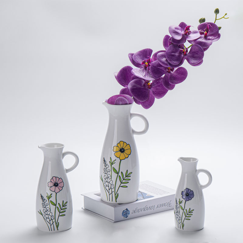 White Ceramic Hand-Painted Floral Pitcher with Handle | Pink, Yellow & Blue Flower Patterns | Fresh & Artistic Gift