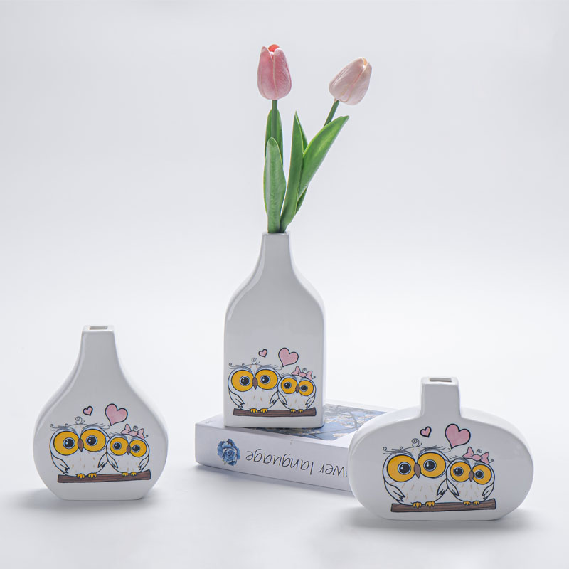 Glossy White Ceramic Vase Set, Cute Owl Couple & Heart Print, Modern Minimalist Tabletop Flower Container