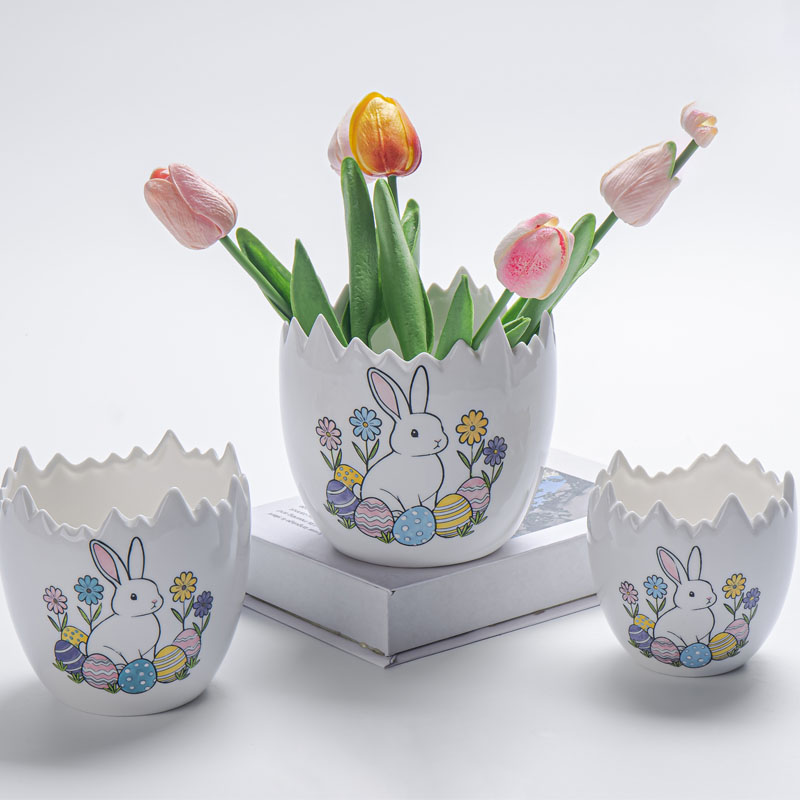 Cracked Eggshell Ceramic Planter – Easter Bunny & Egg Print Succulent Pot Decor