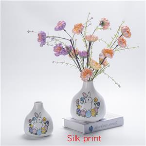 Glossy White Ceramic Vase Set, Silk‑Print Easter Bunny & Colorful Egg Pattern, Spring Tabletop Flower Container