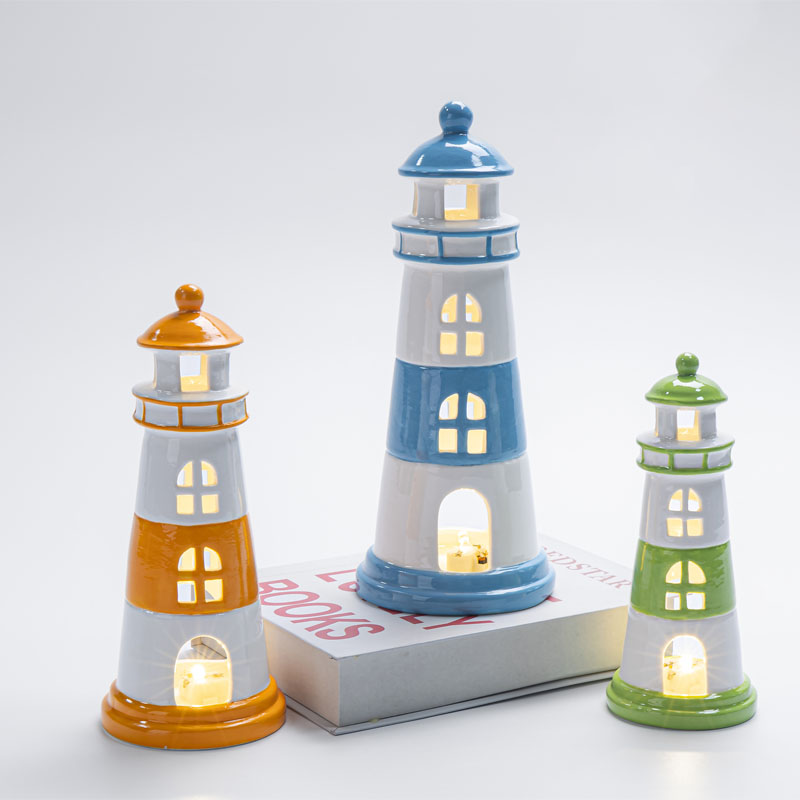 Dopamine‑Color Ceramic Lighthouse Figurine Set, Hollow Cut‑Out Nautical‑Style LED Ambient Light Tabletop Ornament