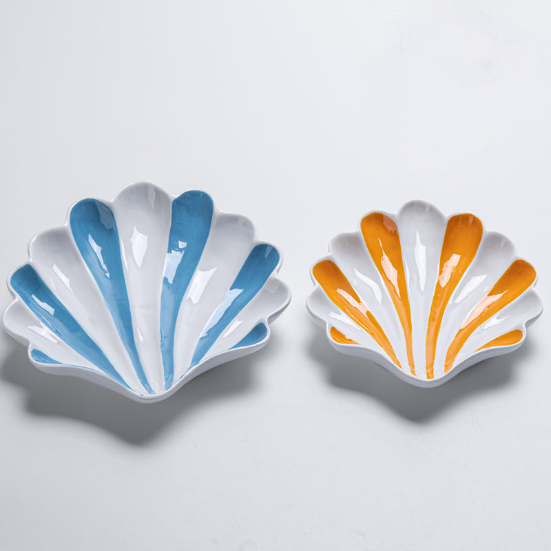 Scallop Shaped Striped Ceramic Tray – Dopamine Color Storage Dish, Coastal Decorative Plate