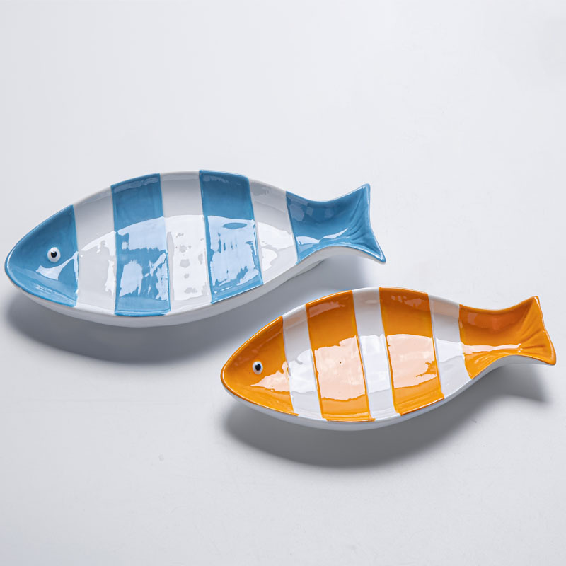 Dopamine Color Striped Fish Ceramic Plate – Mediterranean Style Serving Dish