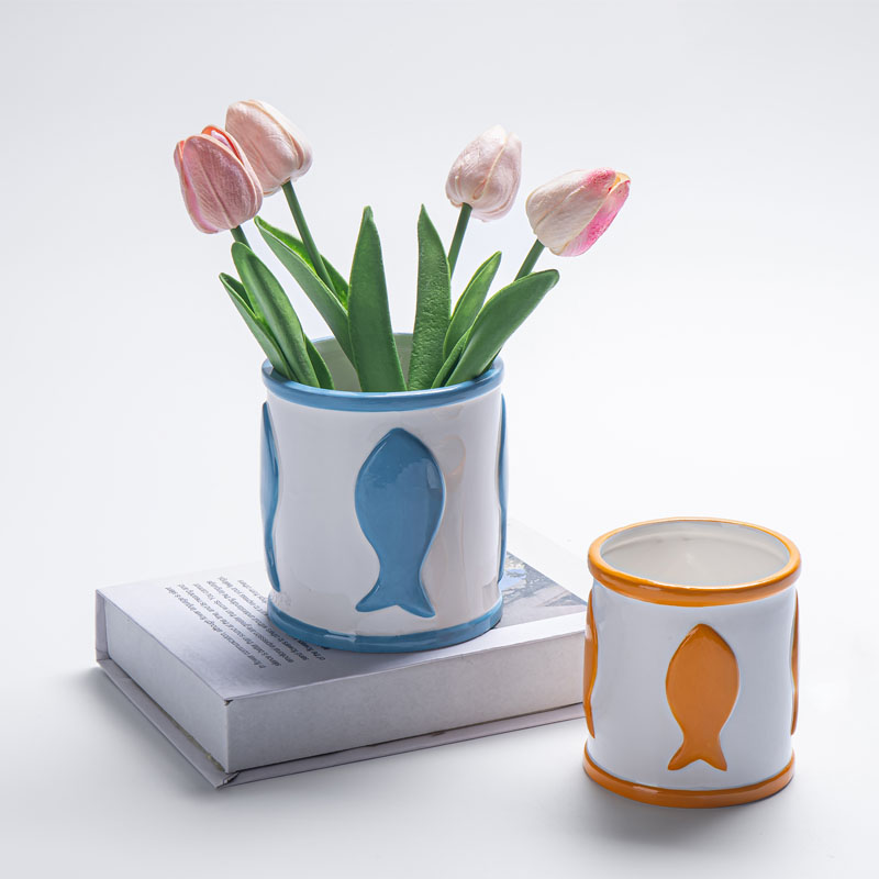 Dopamine Color Fish Relief White Ceramic Cylindrical Vase | Fresh Ocean Style Desktop Storage Jar