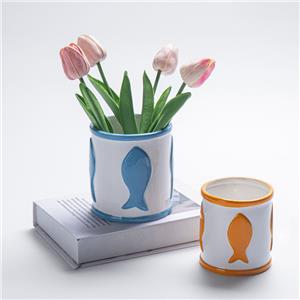 Dopamine Color Fish Relief White Ceramic Cylindrical Vase | Fresh Ocean Style Desktop Storage Jar