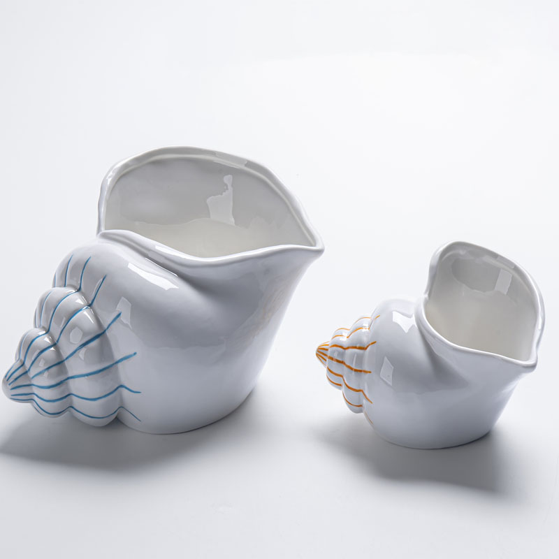 Conch Shell Ceramic Planters – Blue & Orange Line Art Seashell Flower Pot, Coastal Succulent Pot Decor