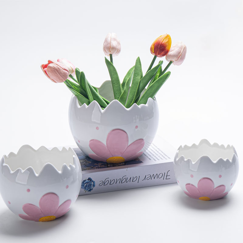 White Ceramic Cracked Egg Planter | Pink Flower Relief & Yellow Dotted Center | Healing Gift