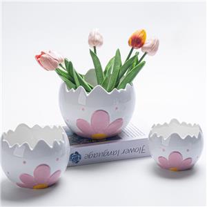 White Ceramic Cracked Egg Planter | Pink Flower Relief & Yellow Dotted Center | Healing Gift