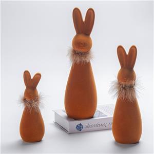 Velvet‑Flocked Orange Easter Bunny Figurine Set, Feather Collar Spring Tabletop Ornament