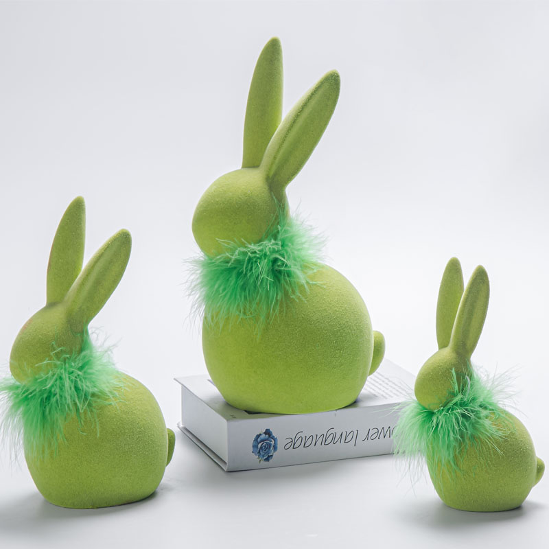 Green Flocked Easter Bunny Decor Figurine with Feather Collar