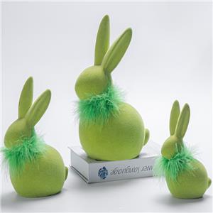 Green Flocked Easter Bunny Decor Figurine with Feather Collar