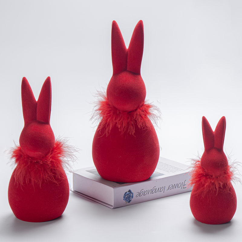 Red Flocked Minimalist Easter Rabbit Figurine | Feather Collar | Windowsill Decor
