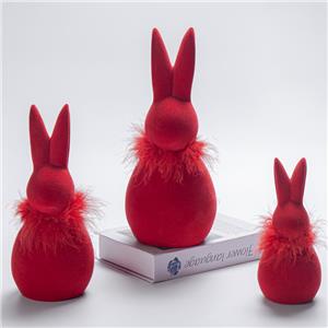 Red Flocked Minimalist Easter Rabbit Figurine | Feather Collar | Windowsill Decor