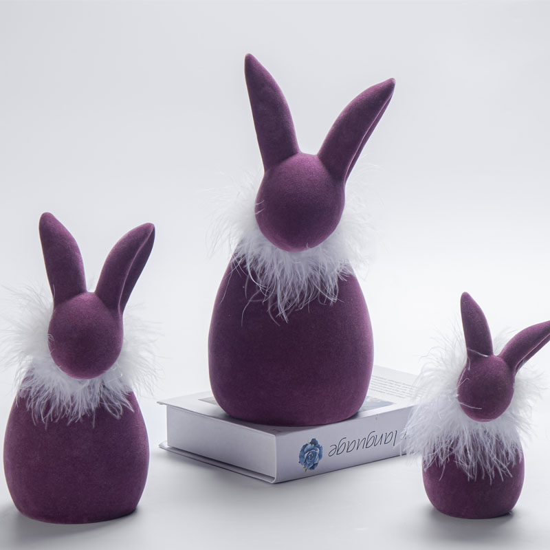 Purple Flocked Easter Bunny Figurine Set, Soft White Feather Collar Spring Tabletop Decorative Ornament