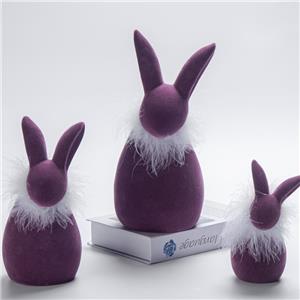 Purple Flocked Easter Bunny Figurine Set, Soft White Feather Collar Spring Tabletop Decorative Ornament