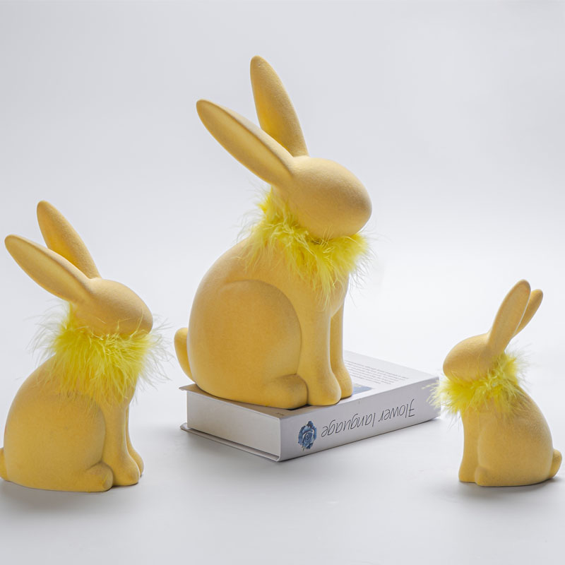 Yellow Flocked Easter Bunny Decor Figurine with Feather Collar