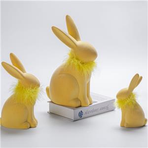 Yellow Flocked Easter Bunny Decor Figurine with Feather Collar