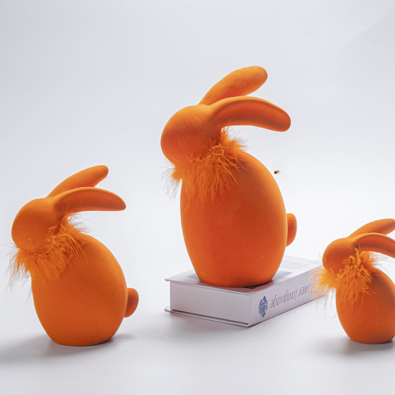 Orange Flocked Easter Bunny Figurine | Feather Collar | Tabletop Decor | Vibrant Spring Gift