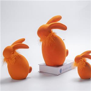 Orange Flocked Easter Bunny Figurine | Feather Collar | Tabletop Decor | Vibrant Spring Gift