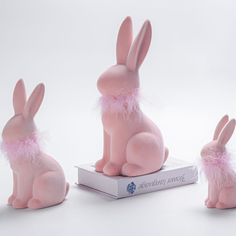 Pink Flocked Easter Bunny Figurine Set, Soft‑Pink Feather Collar Spring Tabletop Ornament