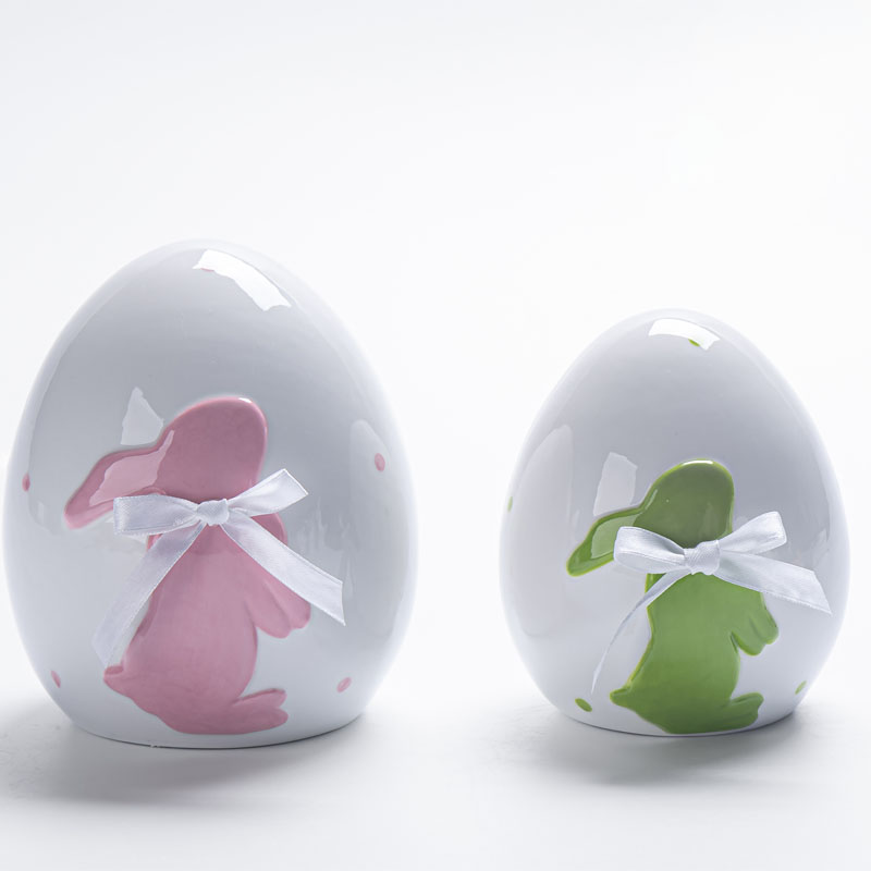 Cream White Ceramic Easter Egg with Embossed Bunny & Satin Bow – Modern Style Decor Figurine