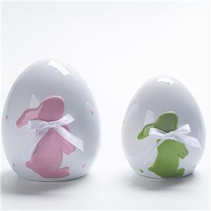 Cream White Ceramic Easter Egg with Embossed Bunny & Satin Bow – Modern Style Decor Figurine